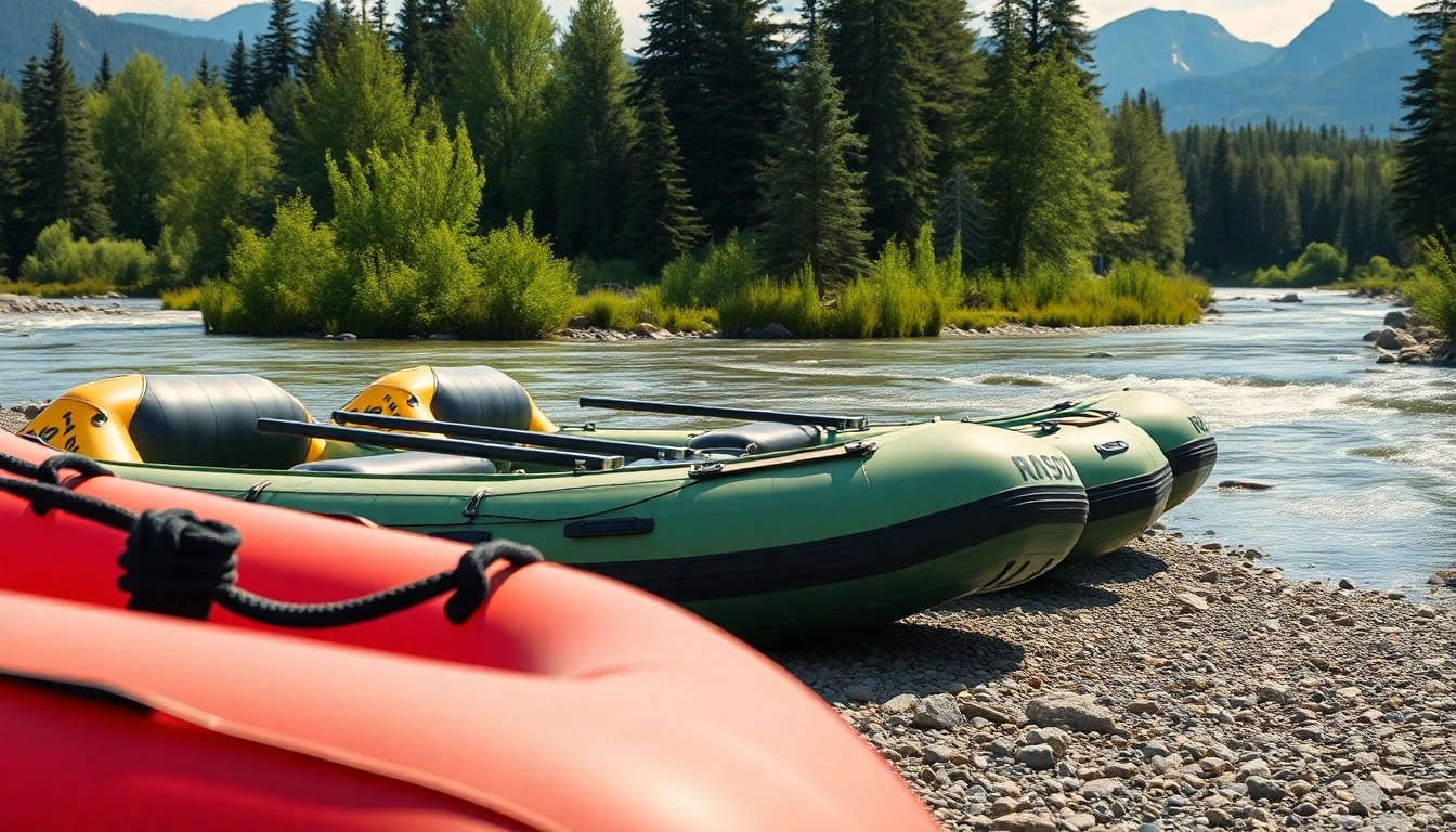 Discover top whitefish equipment rental options with vibrant rafts against a scenic river backdrop.