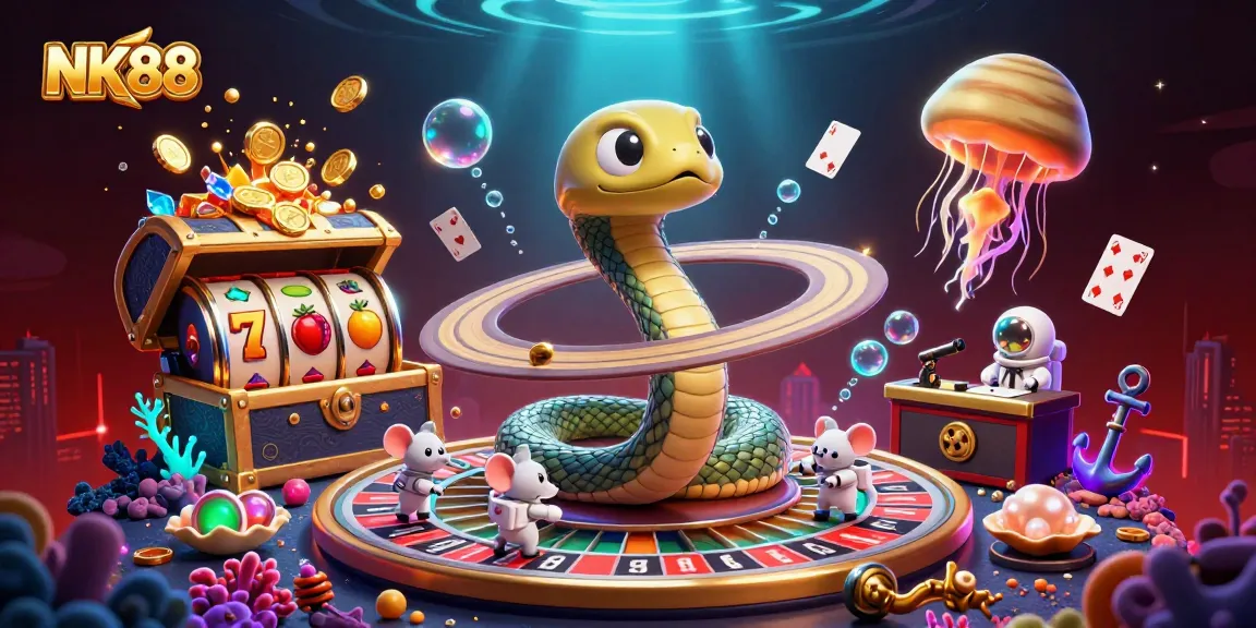 Experience the thrill of NK88 with a vibrant casino scene featuring a Saturn ring snake as a roulette wheel and fun character elements.
