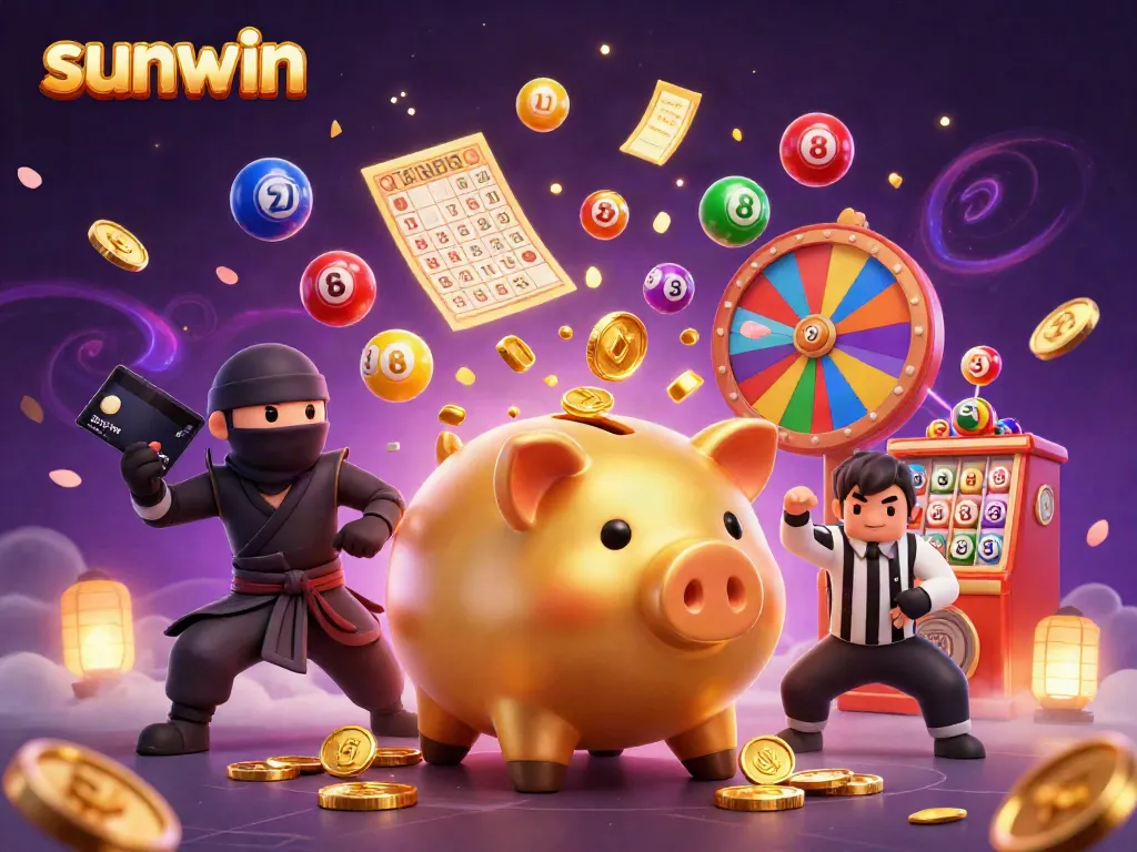 Experience sunwin's exciting gaming world with a dynamic 3D illustration of characters in action.