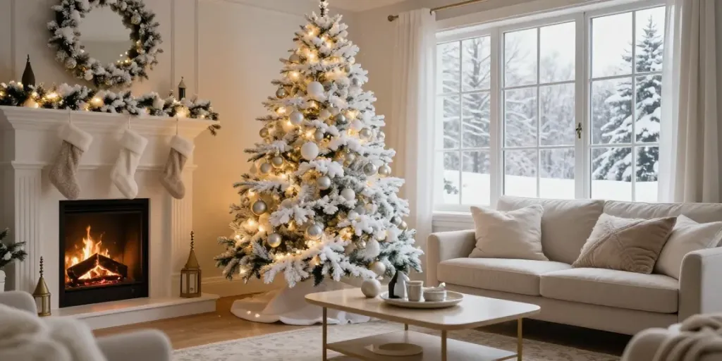 Elegant white Christmas tree glistening with ornaments in a cozy festive living room.