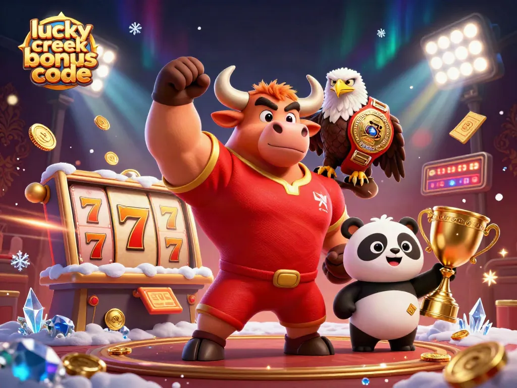 Spin to win with Lucky Creek Bonus Code in a vibrant casino scene with dazzling characters.