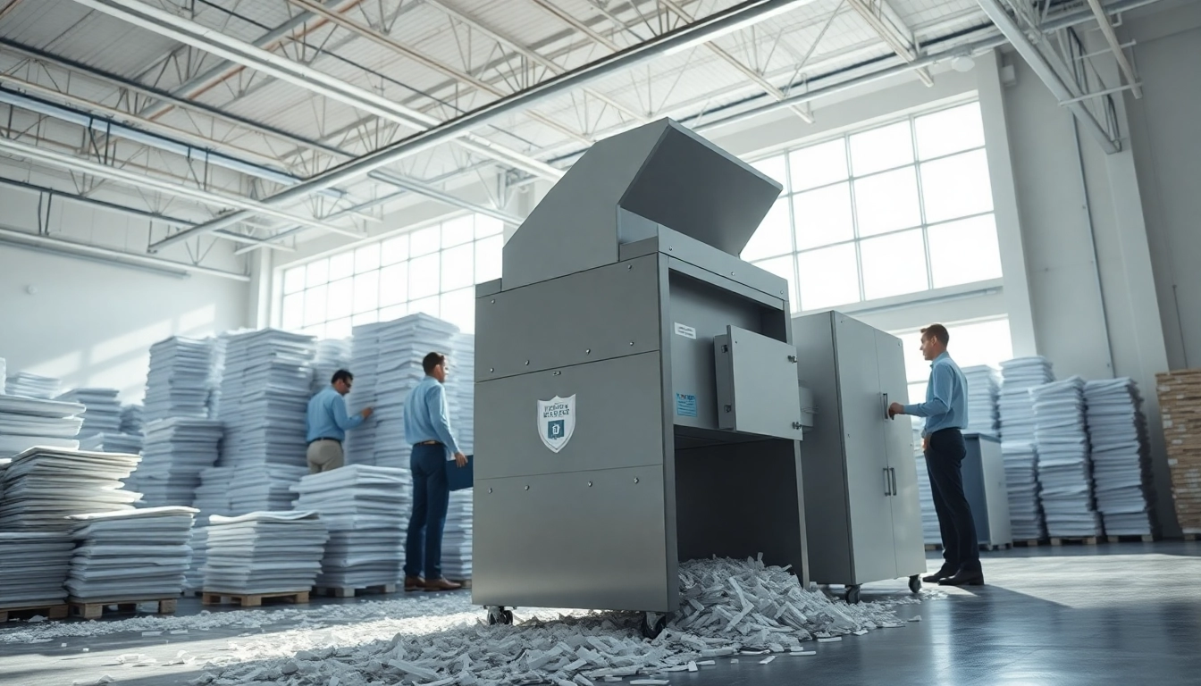 Secure shredding Cleveland Ohio in a professional facility with an industrial shredder and organized documents.