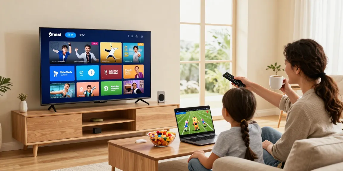 Family enjoying BlueShark IPTV in a cozy living room with a Smart TV.