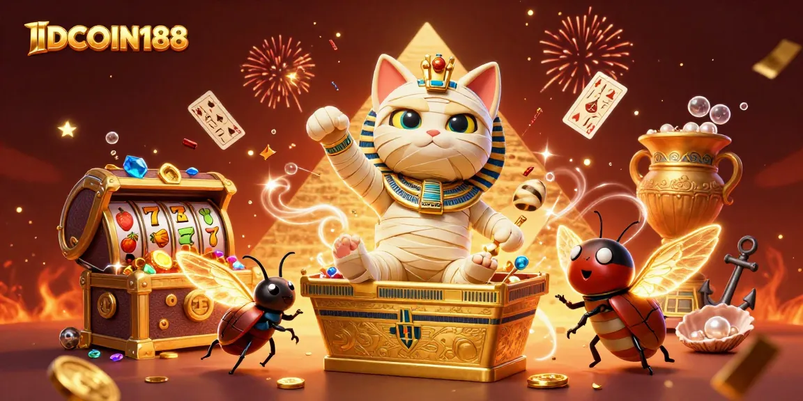 Experience thrilling excitement with IDCOIN188 in this vibrant casino scene featuring a mummy cat!