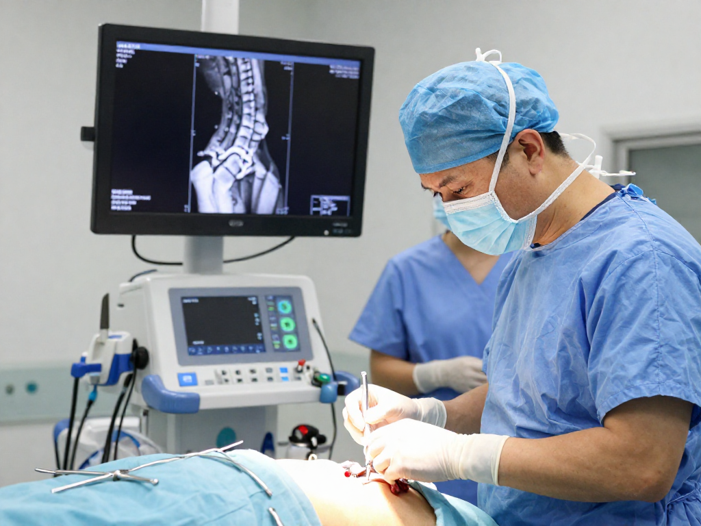 Bel fıtığı ameliyatı showing a surgeon performing minimally invasive spinal surgery with advanced equipment in a sterile operating room.