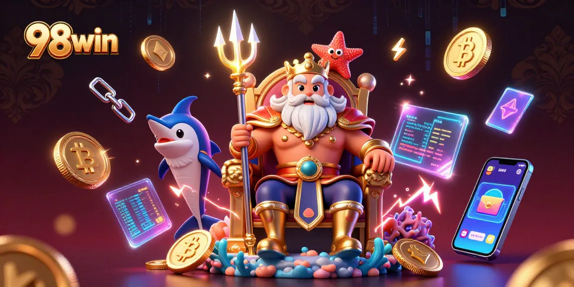 Play exciting casino games at 98win with vibrant neon-themed digital artwork.
