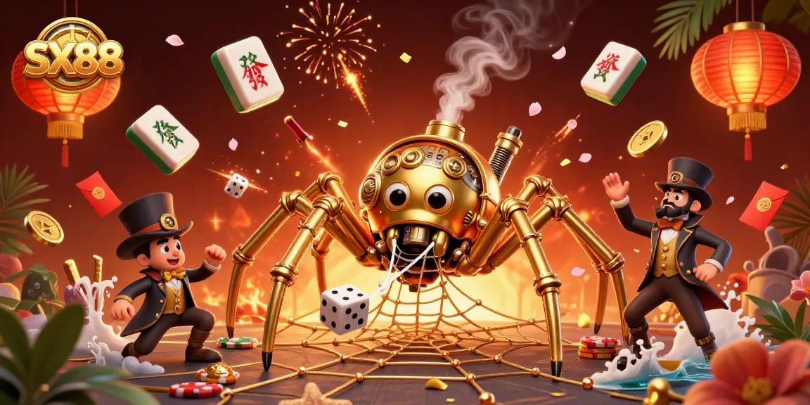 SX88 engages players with an entertaining scene featuring a steampunk spider weaving a web with poker elements and dice.