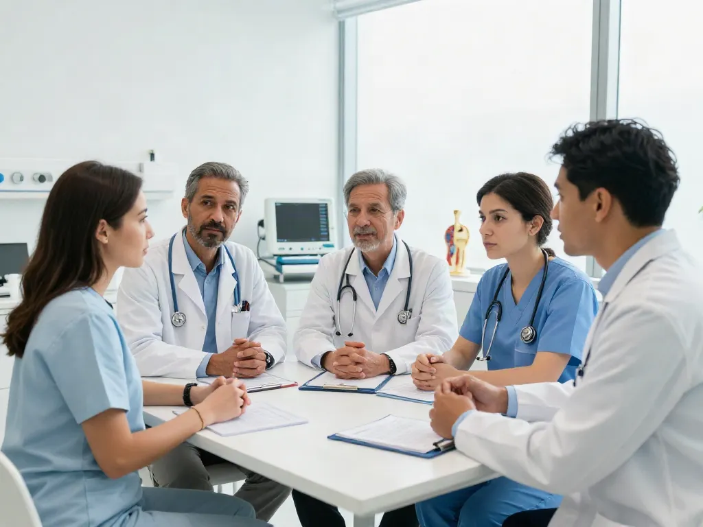 Heart transplant center Abu Dhabi - Multidisciplinary healthcare team collaborating in a modern medical office.