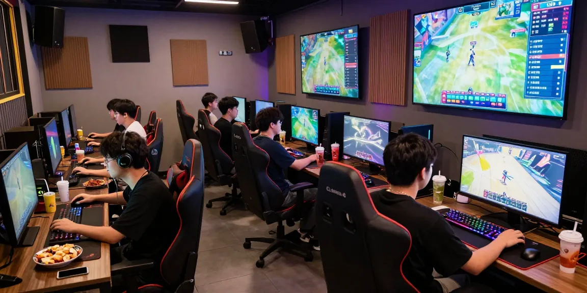 Penggemar game bermain BOS88 di lounge gaming modern yang cerah.