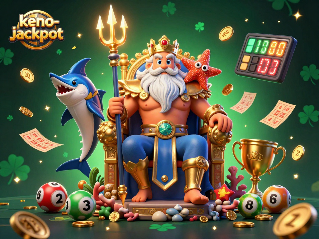 Engage with keno-jackpot in a vibrant 3D illustration showcasing Neptune and lottery themes.
