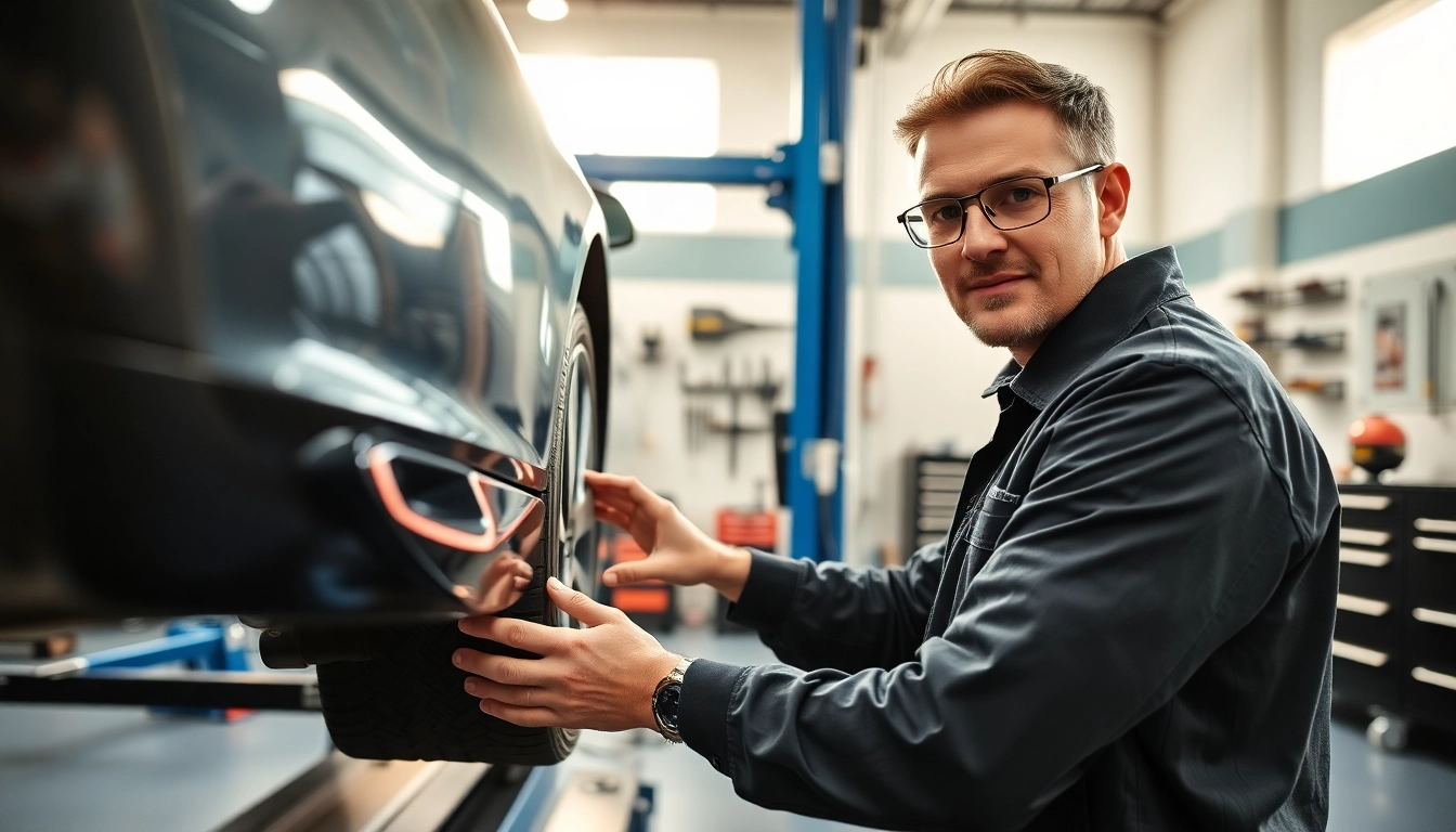 Technician conducting front end alignment in a bright automotive workshop, showcasing precision equipment.