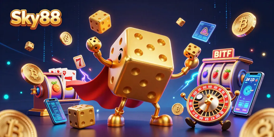 Sky88 showcases golden dice golem and slot reels in an electrifying casino illustration.