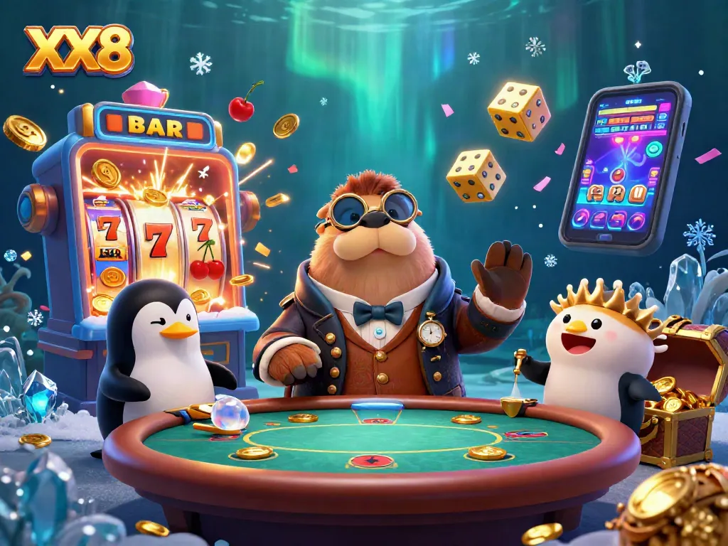 Play XX8 in an underwater casino scene featuring a walrus, penguin dealer, and pufferfish player