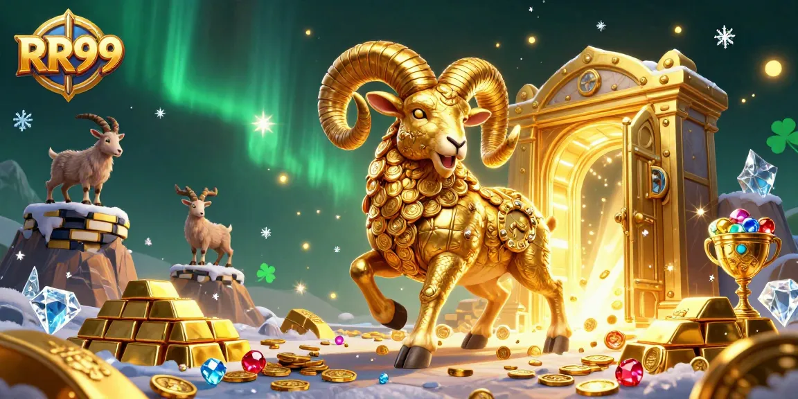Experience thrilling gaming at RR99 with dynamic treasures, a golden ram, and vibrant casino elements.