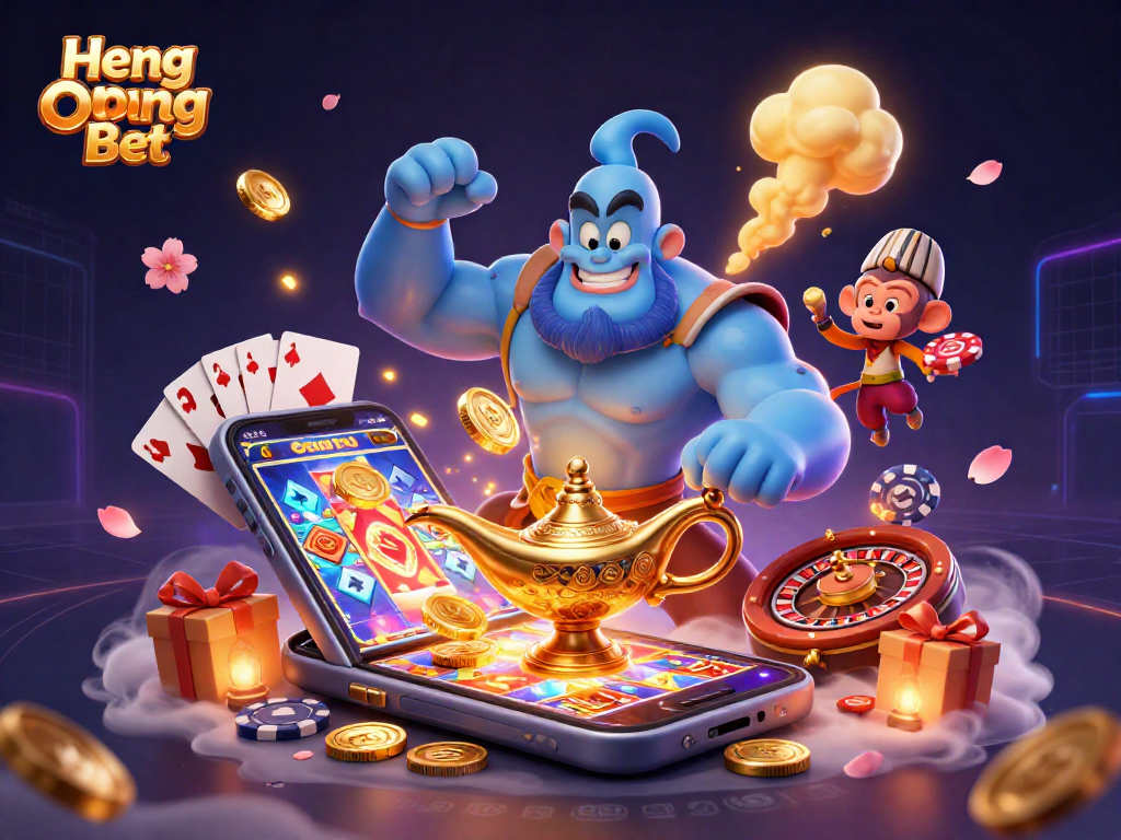 Engage with Heng Ong Bet through a vibrant 3D scene featuring casino elements and a magical genie.