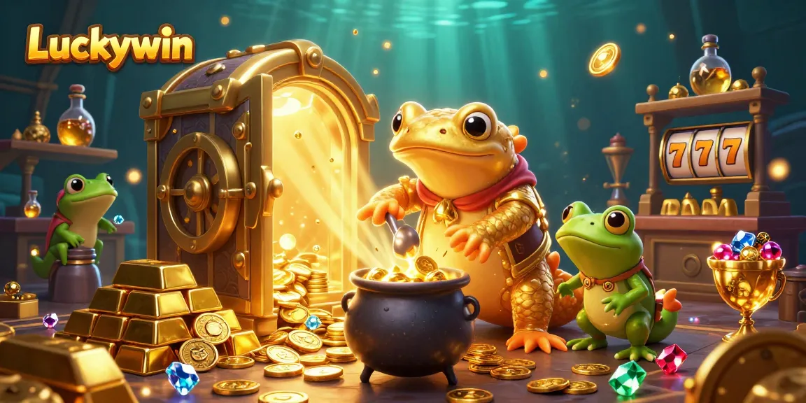 Experience the thrill of Luckywin with a magical 3D scene of alchemical gold transformation in a dynamic casino setting.