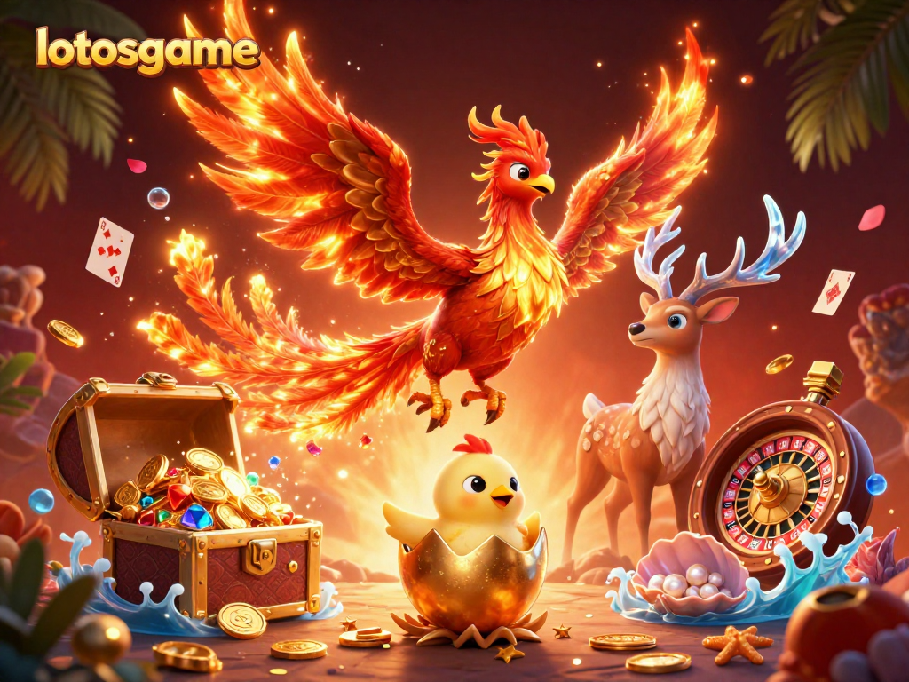 Lotosgame showcases a vibrant gambling scene with a soaring phoenix and a roulette wheel among treasure.