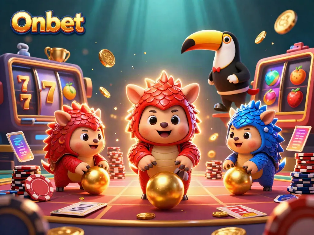 Engage in slot-themed gaming action with Onbet, featuring rival pangolins and exciting casino elements.