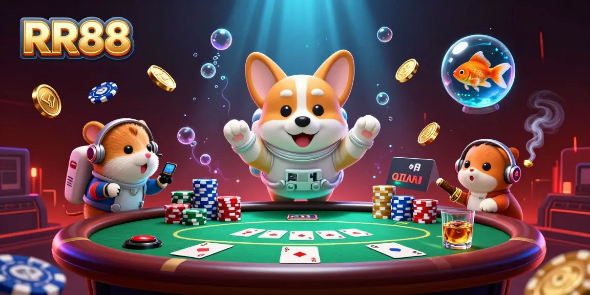 Experience the thrill of RR88 casino with fun characters and floating poker elements in a vibrant space setting.