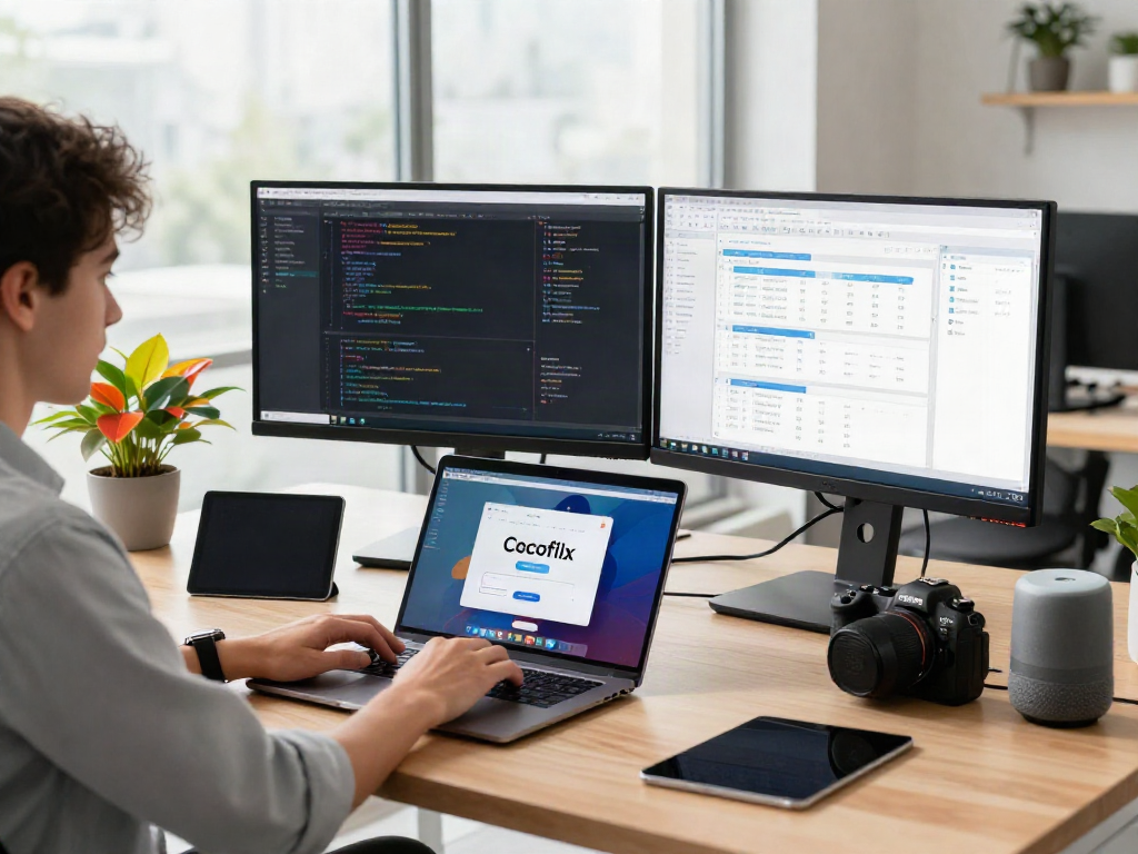 Cocoflix app interface on laptop in a vibrant tech workspace.