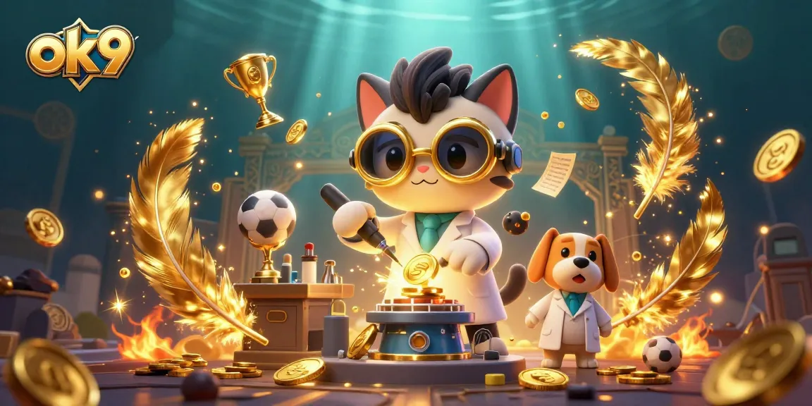 Engage sports betting dynamics with ok9's lively 3D illustration showcasing vibrant casino elements.
