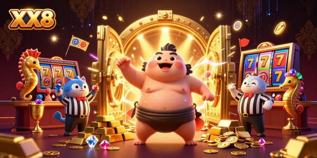 Spin to win with XX8 in an exciting casino scene featuring vibrant characters and game elements.