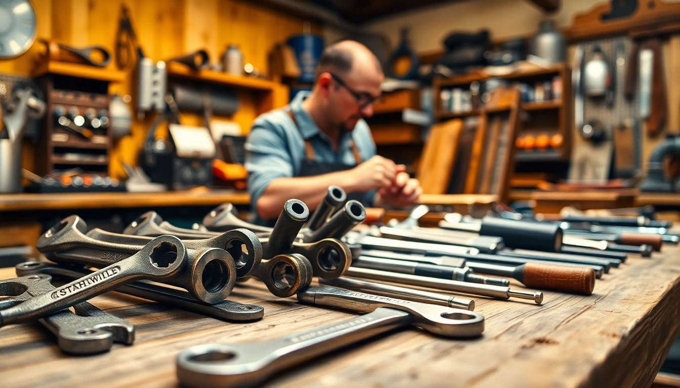 Stahlwille tools arranged neatly in a professional workshop setting with a craftsman using them.