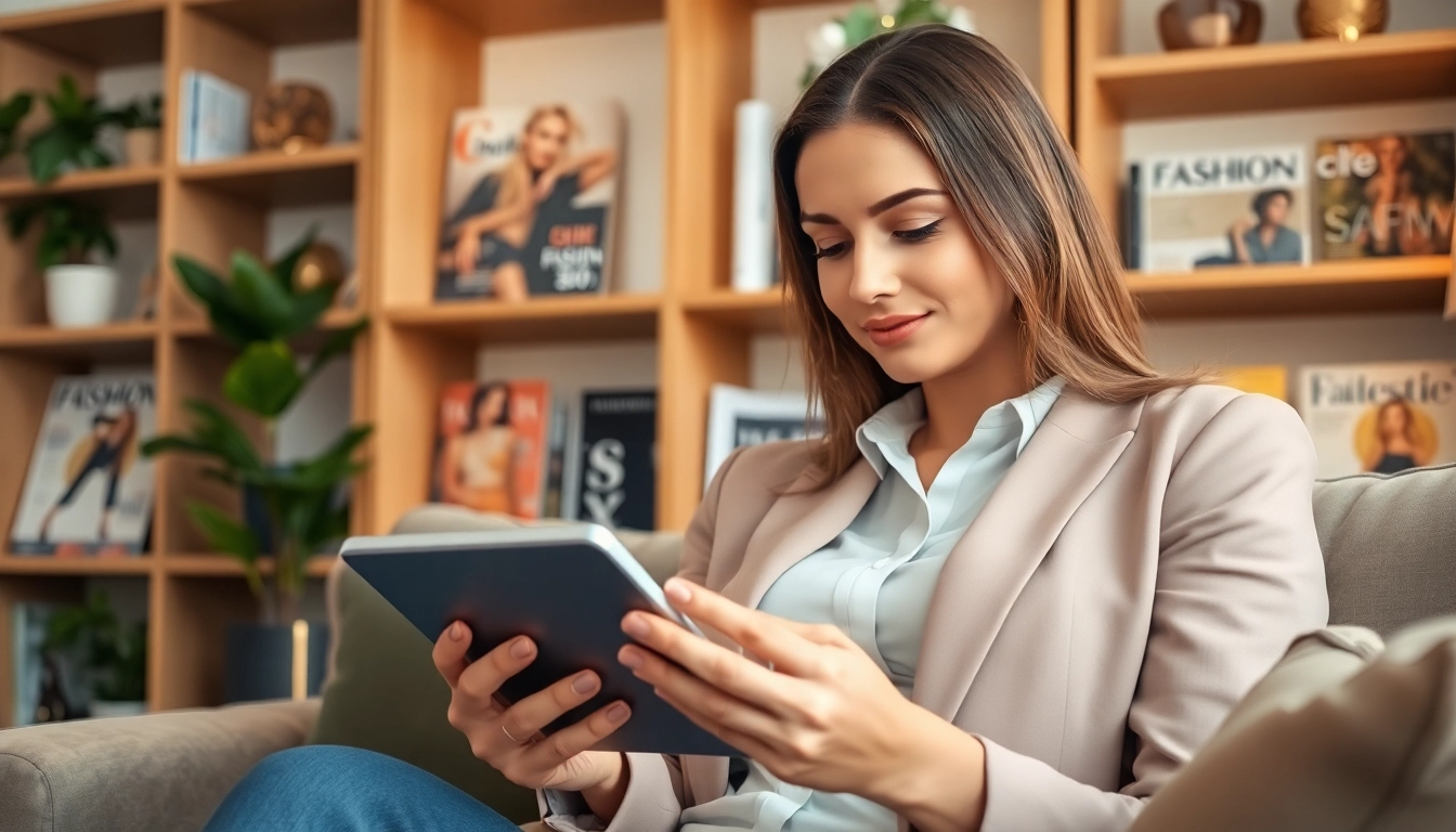 Bekijk de mode-inspiratie op dameswereld.be met een vrouwelijke blogger in een stijlvolle woonkamer.