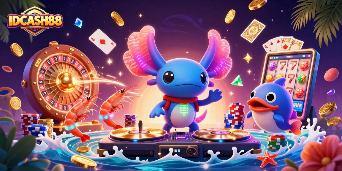 Experience the excitement of winning with IDCASH88 as playful axolotl DJ spins amidst colorful casino elements.