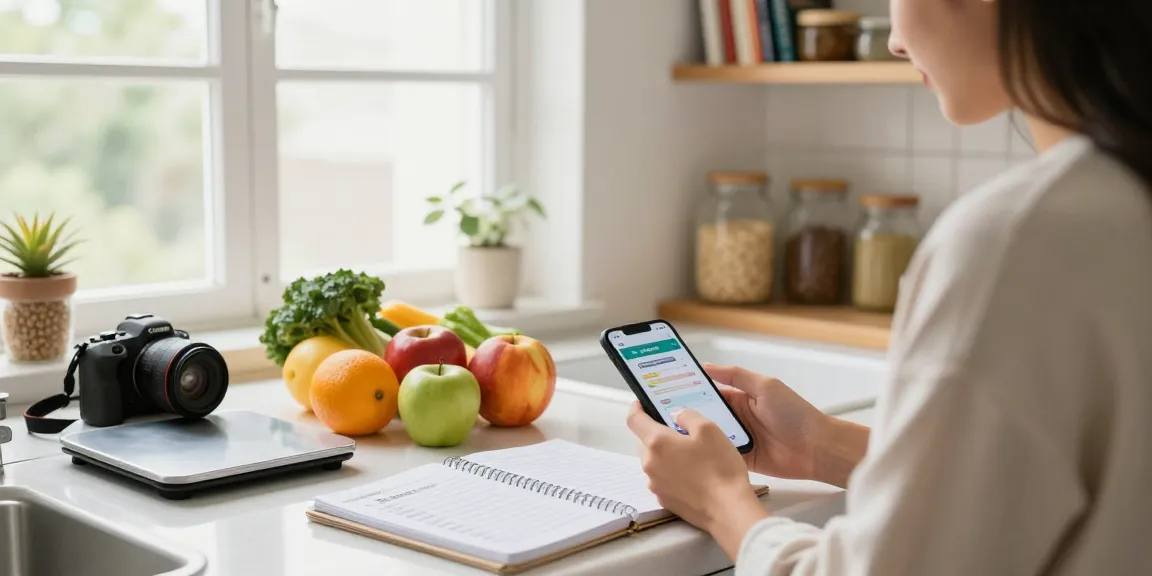 Person using the best macro tracking app in a bright kitchen, surrounded by fresh produce and nutrition tools.