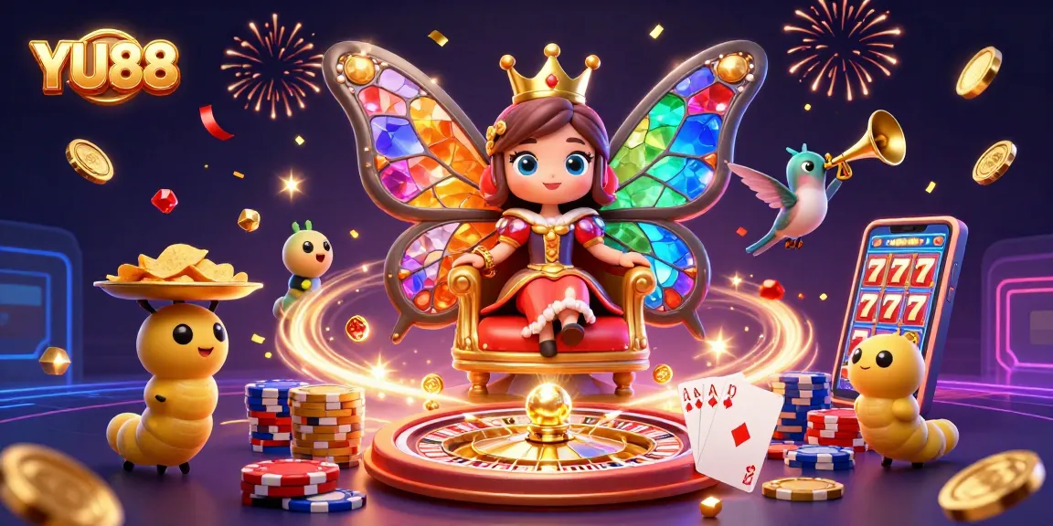 Engage with YU88 at an exciting casino celebration showcasing vibrant 3D illustrations of games and characters.
