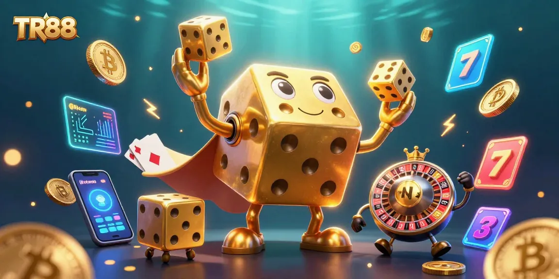 TR88 brings excitement to gaming with golden dice, slot reels, and vibrant crypto elements.