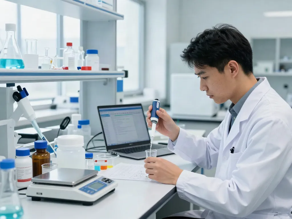 Scientist measuring wholesale peptides in a modern lab setting.