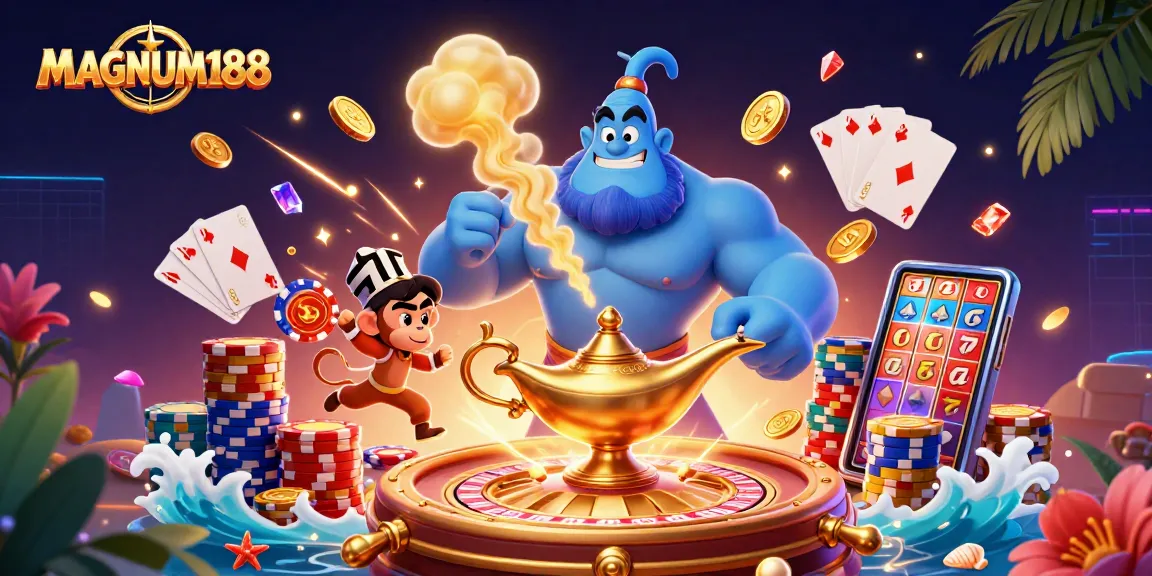 Experience MAGNUM188 with a thrilling online betting adventure featuring a magical genie and poker excitement.