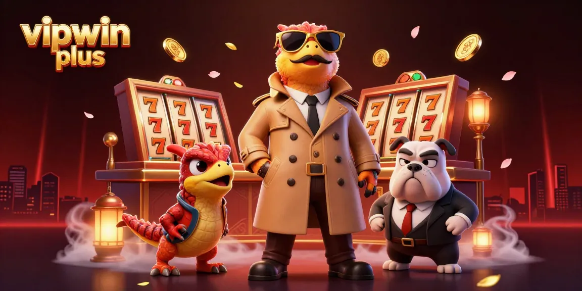 Engage with vipwin plus at a vibrant casino scene featuring raptors in disguise and lucky symbols.