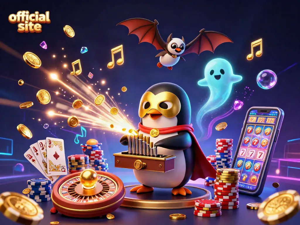 Engage with the official site through the whimsical illustration of a penguin playing a golden organ as coins cascade.