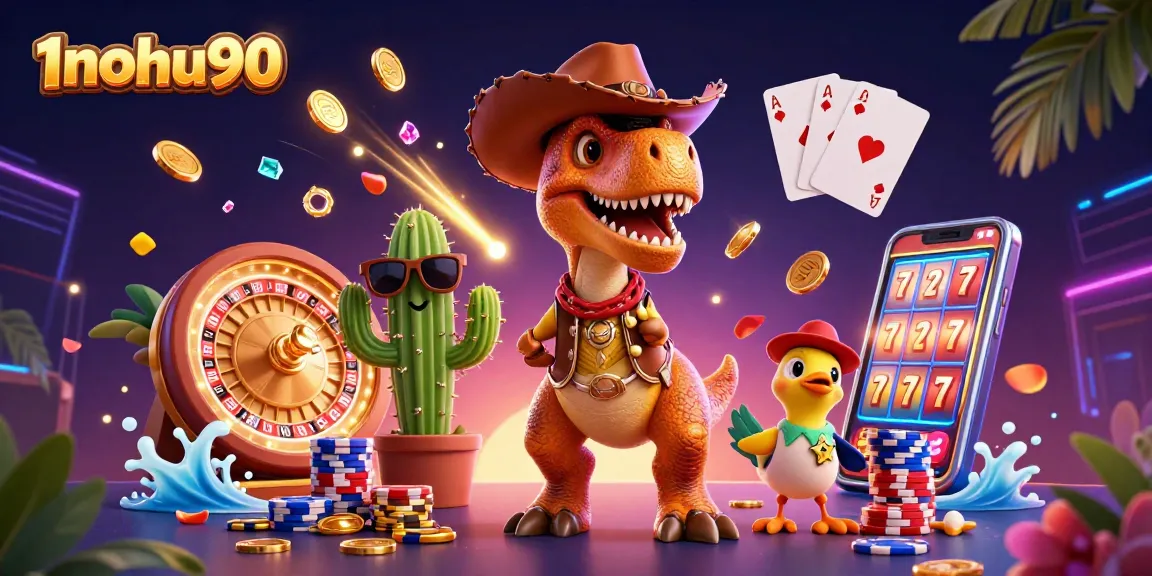 Engage in thrilling gameplay with 1nohu90's vibrant casino-themed illustration featuring a T-Rex.