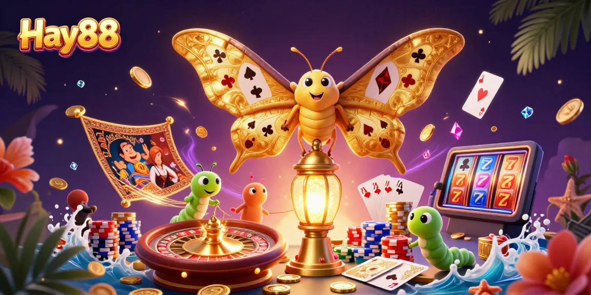 Experience the vibrant world of Hay88 with a colorful casino scene featuring a majestic moth and dynamic gaming elements.