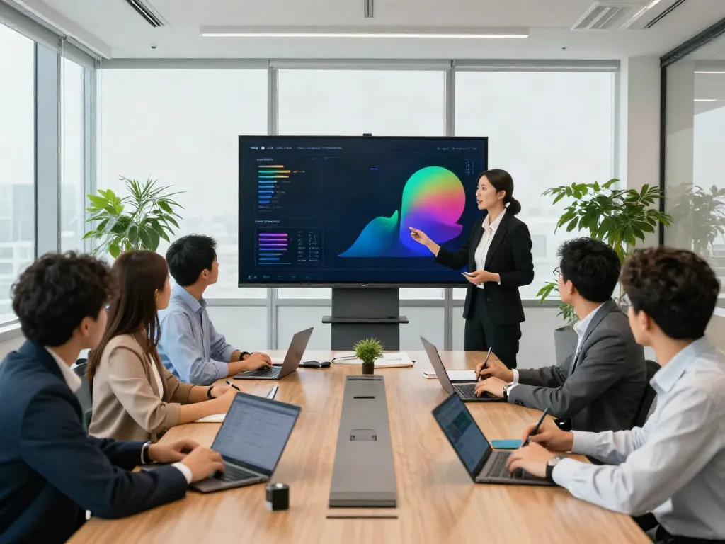 Business professionals strategizing with click here resources in a modern conference room.