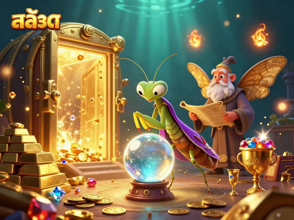 Experience excitement with สล็อต as a fortune teller peers into a crystal ball, surrounded by treasures, lights, and magic.