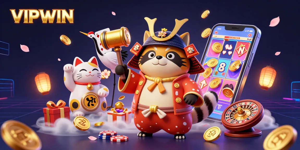Engage with VIPWIN's vibrant gaming experience featuring a cheerful tanuki and lucky elements.