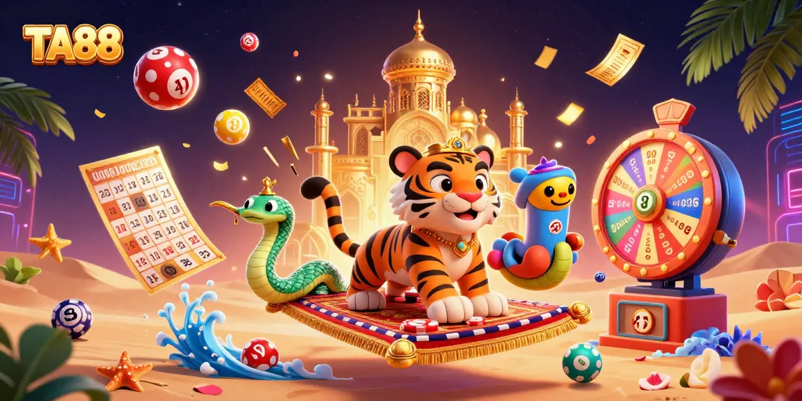 Engage with TA88, featuring an Arabian tiger sultan amidst colorful bingo and lottery excitement.
