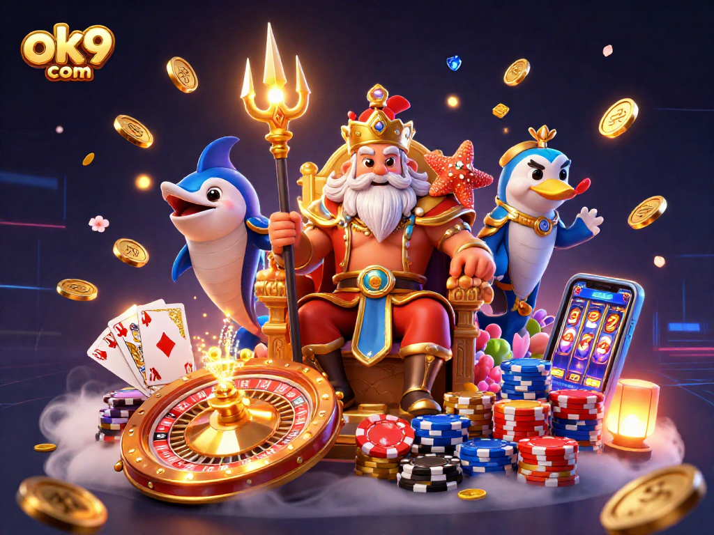 Engage with ok9 com's thrilling online casino through vibrant 3D imagery showcasing exciting games and elements.