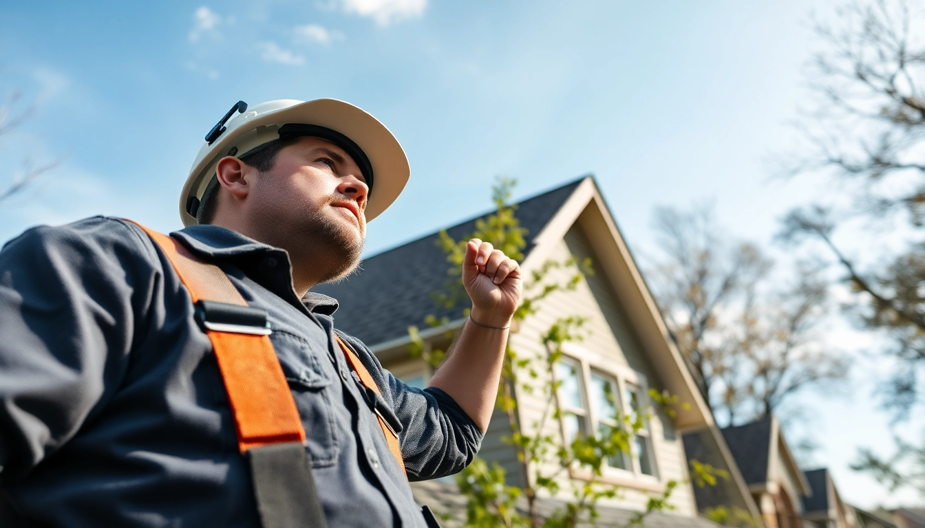 Twinsburg roofing contractor performing a roof inspection in a residential neighborhood.