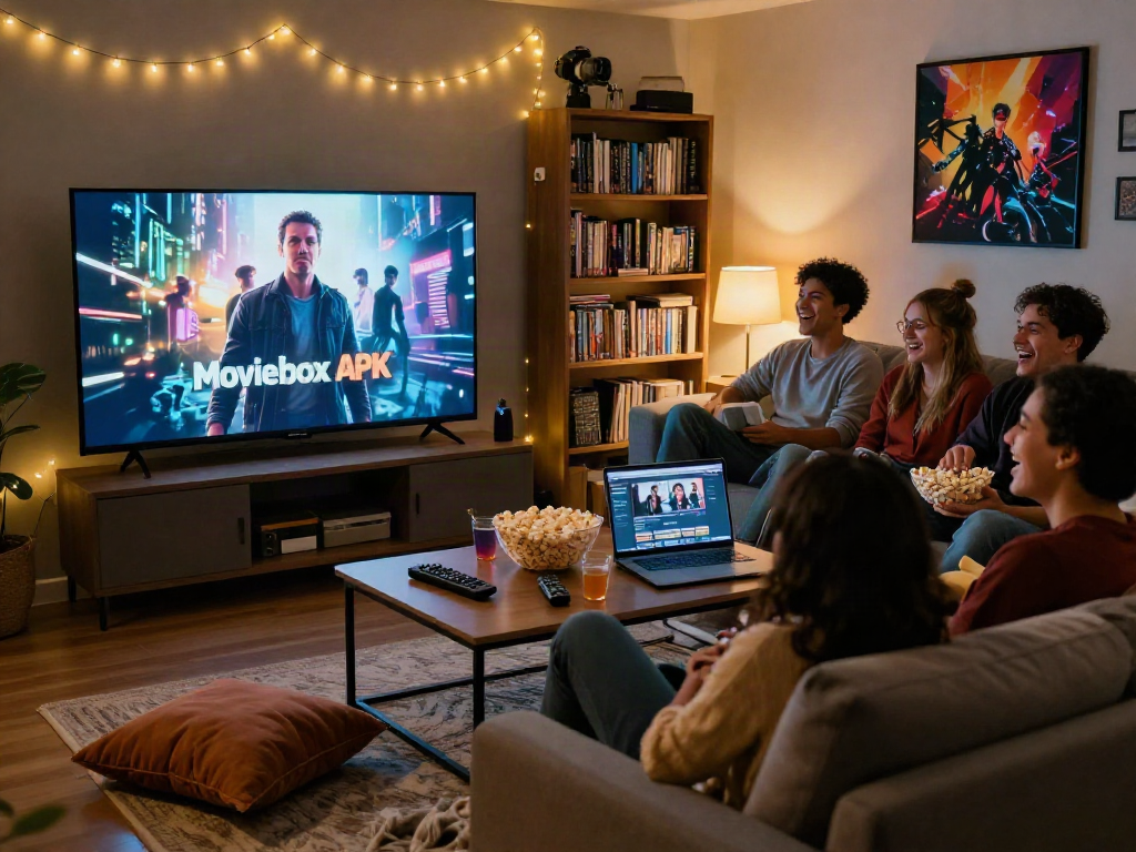 Friends enjoying movie night with Moviebox apk interface on TV and cozy atmosphere.