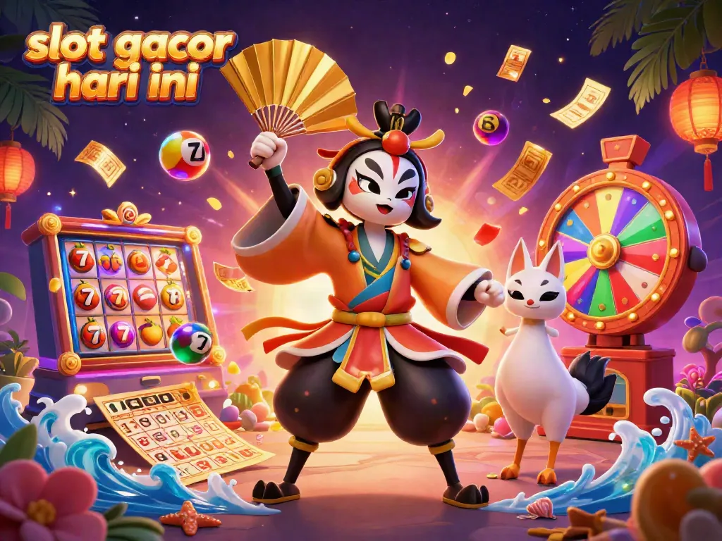Gambarkan slot gacor hari ini dengan karakter kabuki, bola lotere, dan simbol mesin slot berwarna.