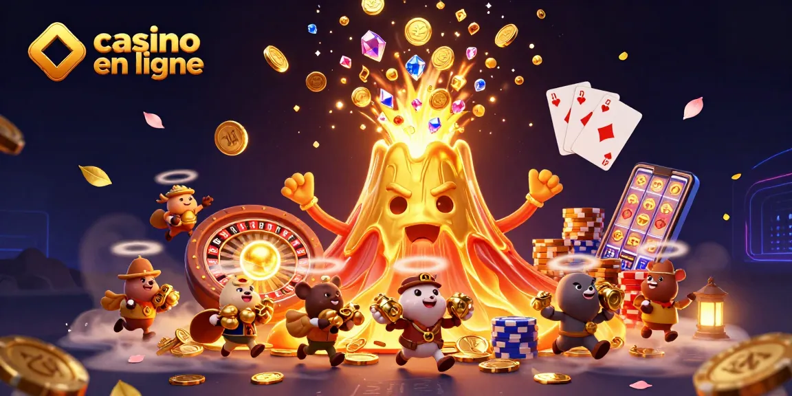Jouer au casino en ligne avec une illustration d'un volcan en or, des trésors, et des jeux de hasard.