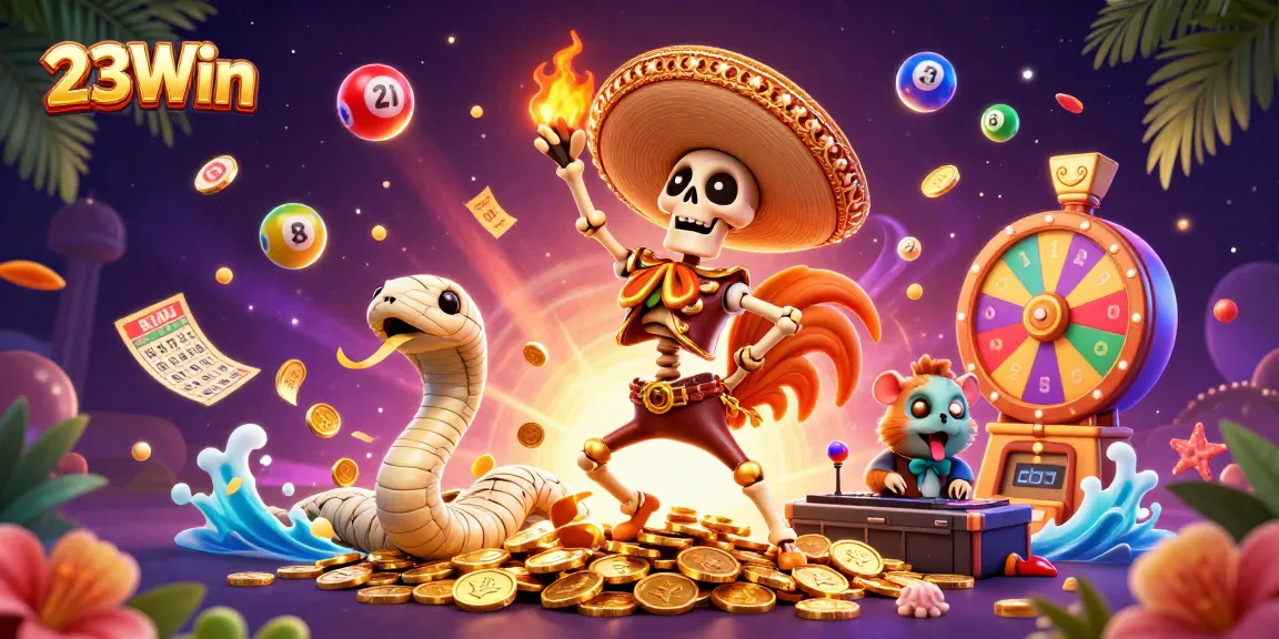Experience the excitement of 23Win with a vibrant casino scene featuring lively characters and dynamic elements.