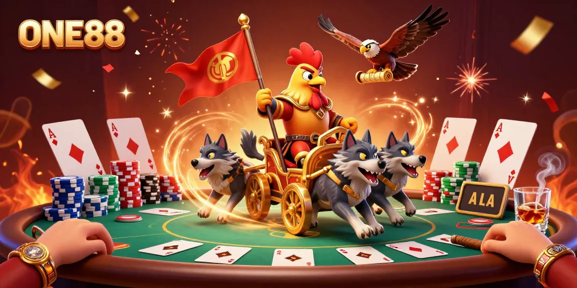 ONE88's exciting 3D illustration featuring a rooster warlord amidst a vibrant casino environment.