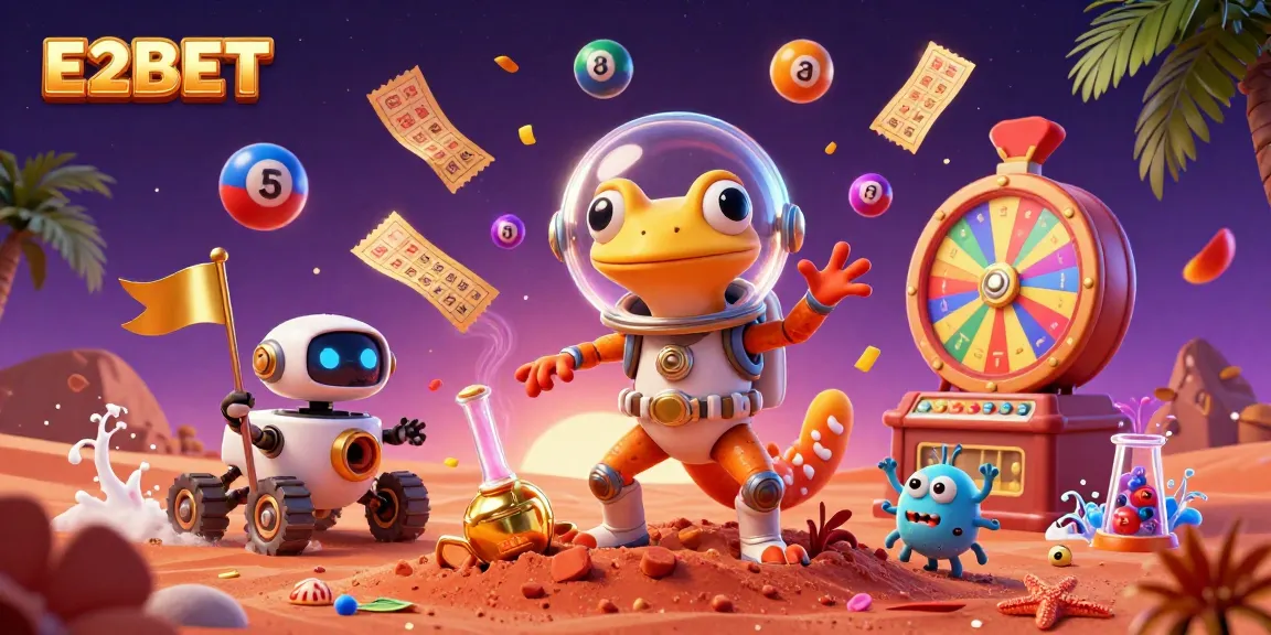 E2BET shows a Martian gecko exploring a golden casino, surrounded by vibrant lottery elements